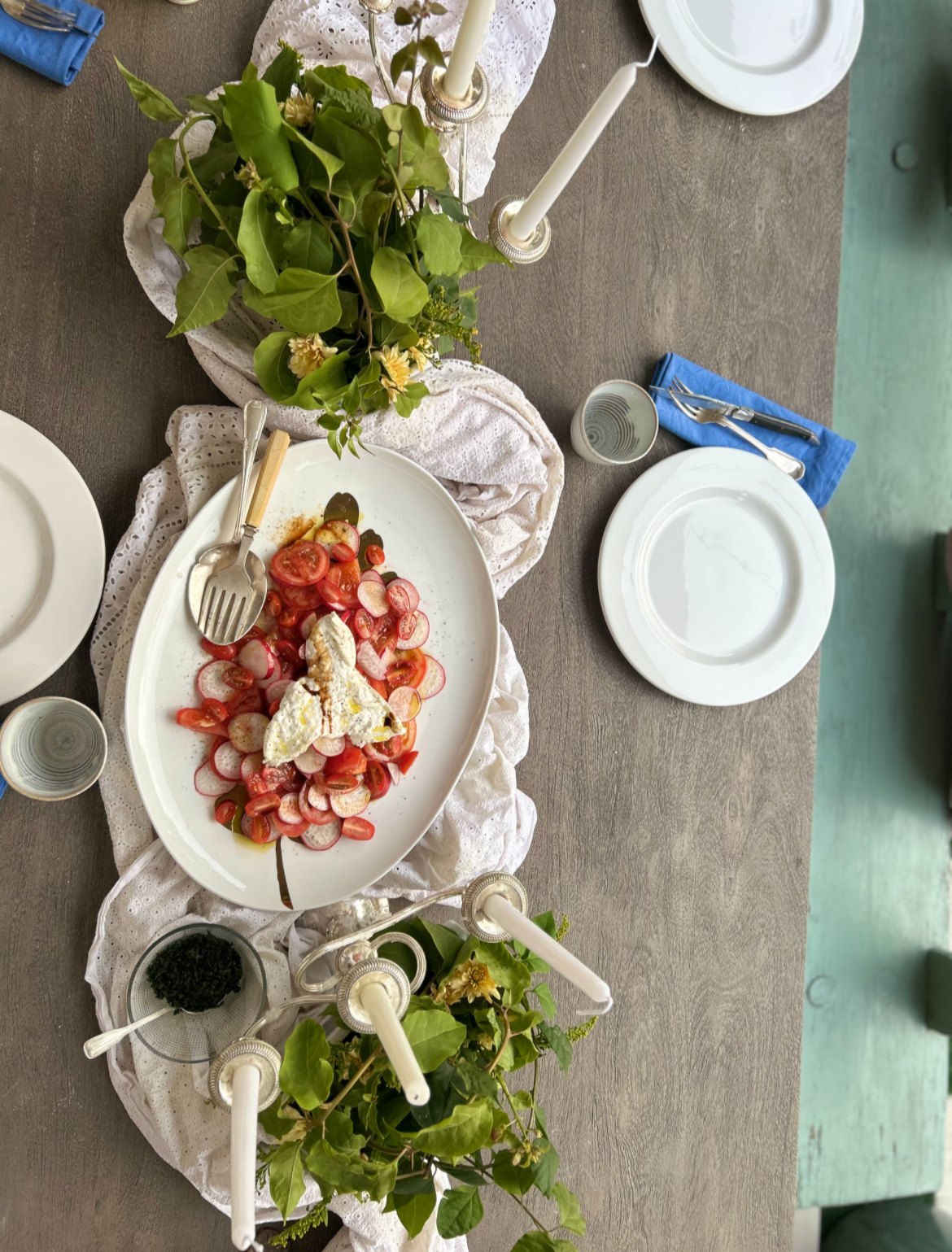 A long table set for supper, seen from above