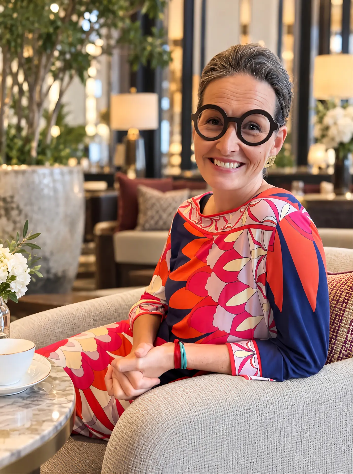 Anne Schaeflein in a print dress, seated in a hotel lounge